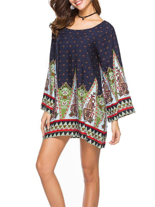 Floral Printed Long Sleeves Kaftan Mini Dress