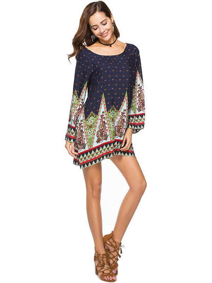 Floral Printed Long Sleeves Kaftan Mini Dress