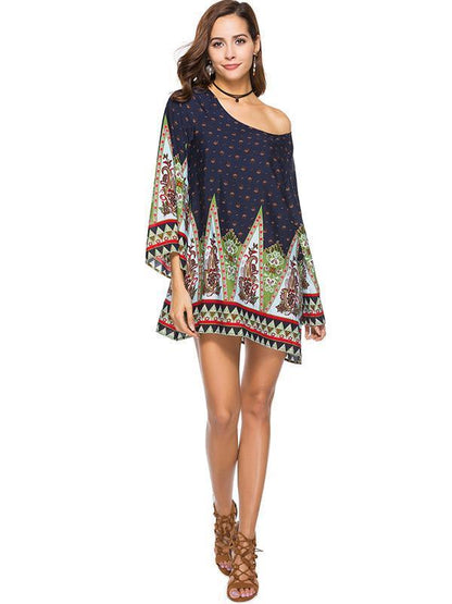 Floral Printed Long Sleeves Kaftan Mini Dress