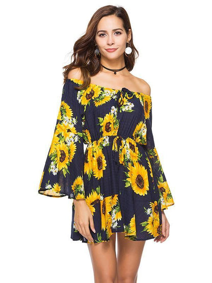 Off the Shoulder Floral A-line Trumpet Sleeves Dress