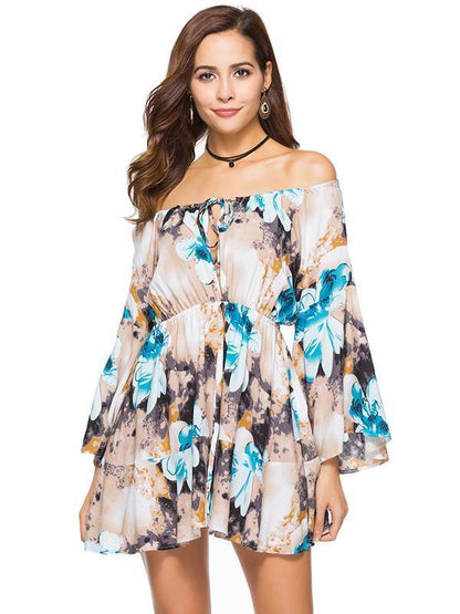 Off the Shoulder Floral A-line Trumpet Sleeves Dress