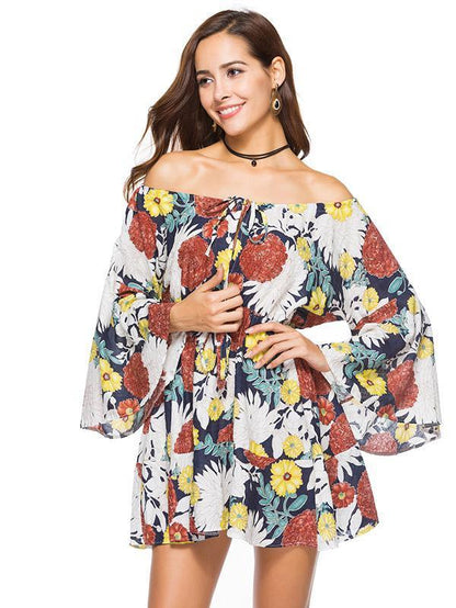 Off the Shoulder Floral A-line Trumpet Sleeves Dress