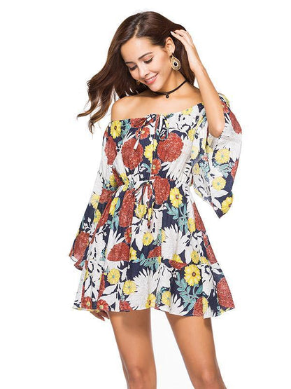Off the Shoulder Floral A-line Trumpet Sleeves Dress