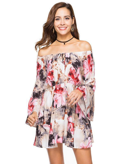 Off the Shoulder Floral A-line Trumpet Sleeves Dress