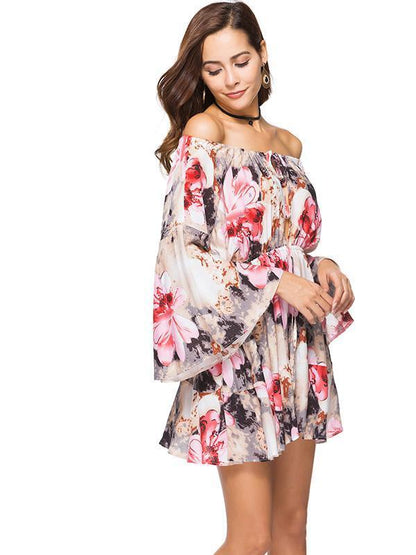 Off the Shoulder Floral A-line Trumpet Sleeves Dress