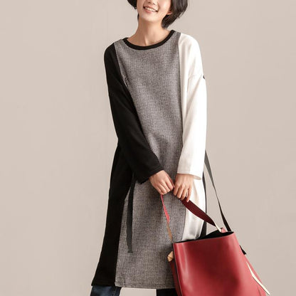 Fall Winter Women Round Neck Long Sleeve Lacing Dress
