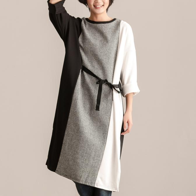 Fall Winter Women Round Neck Long Sleeve Lacing Dress