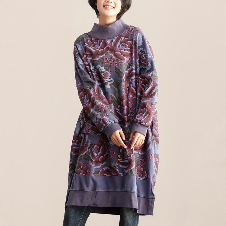 Turtle Neck Long Sleeve Floral Printing Women Cotton Dress