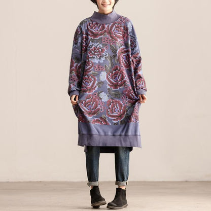 Turtle Neck Long Sleeve Floral Printing Women Cotton Dress