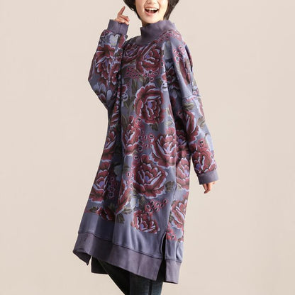 Turtle Neck Long Sleeve Floral Printing Women Cotton Dress