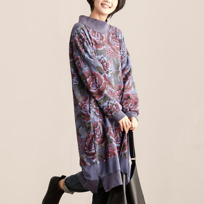 Turtle Neck Long Sleeve Floral Printing Women Cotton Dress