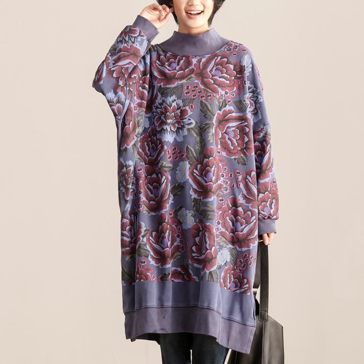 Turtle Neck Long Sleeve Floral Printing Women Cotton Dress