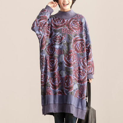 Turtle Neck Long Sleeve Floral Printing Women Cotton Dress