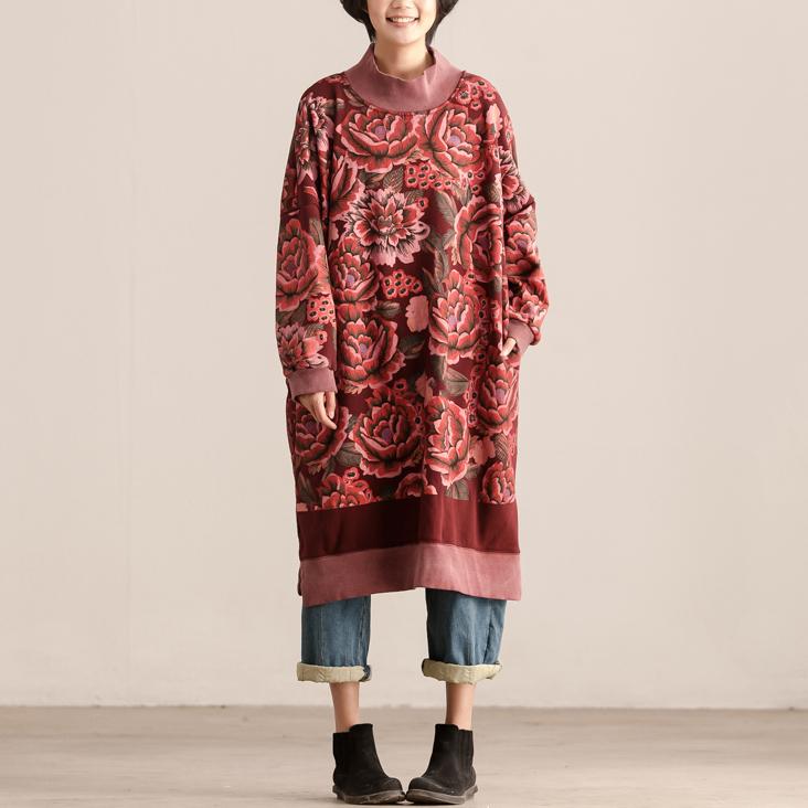 Turtle Neck Long Sleeve Floral Printing Women Dark Red Dress