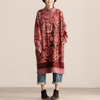Turtle Neck Long Sleeve Floral Printing Women Dark Red Dress