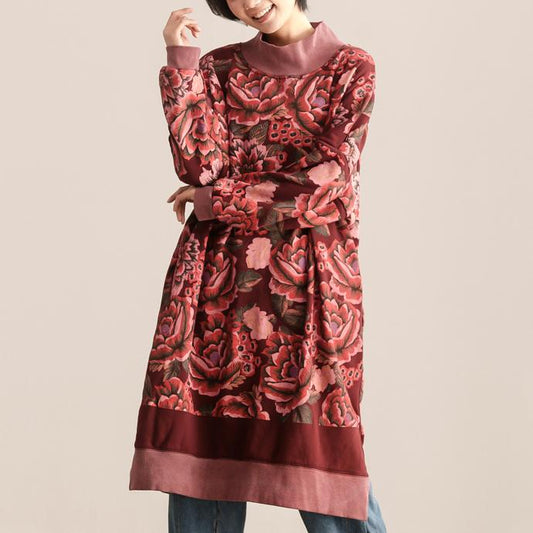 Turtle Neck Long Sleeve Floral Printing Women Dark Red Dress