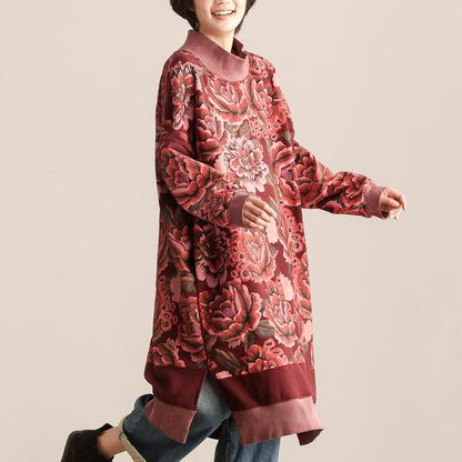 Turtle Neck Long Sleeve Floral Printing Women Dark Red Dress