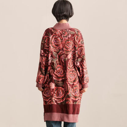 Turtle Neck Long Sleeve Floral Printing Women Dark Red Dress