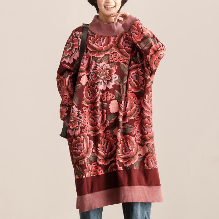 Turtle Neck Long Sleeve Floral Printing Women Dark Red Dress