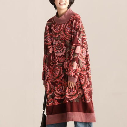 Turtle Neck Long Sleeve Floral Printing Women Dark Red Dress