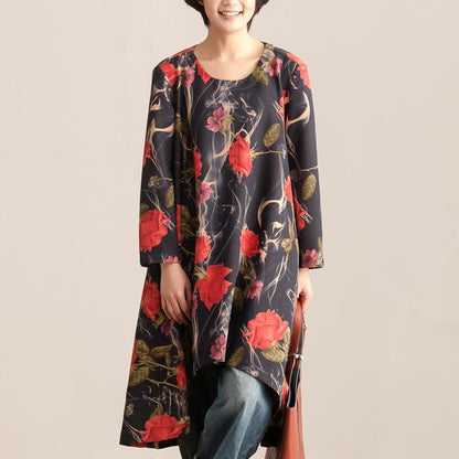 Loose Women Autumn Round Neck Long Sleeve Printing Dress
