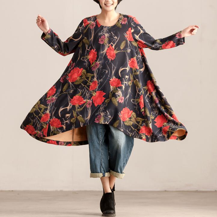 Loose Women Autumn Round Neck Long Sleeve Printing Dress