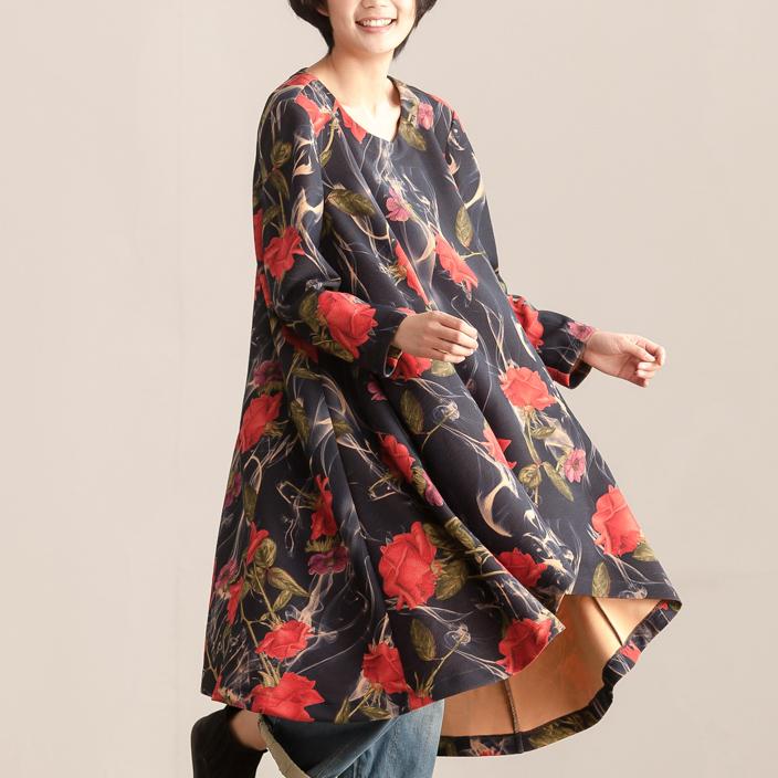 Loose Women Autumn Round Neck Long Sleeve Printing Dress