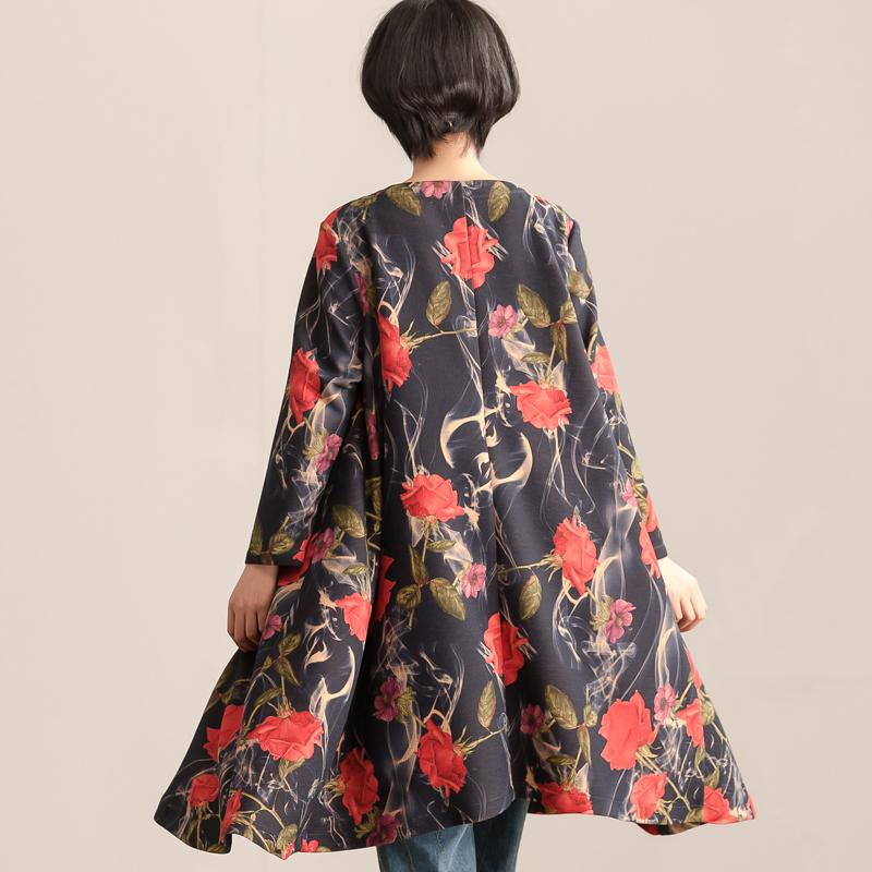 Loose Women Autumn Round Neck Long Sleeve Printing Dress