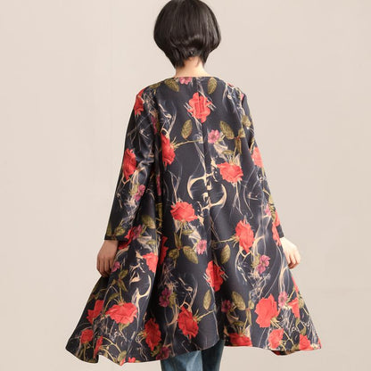 Loose Women Autumn Round Neck Long Sleeve Printing Dress