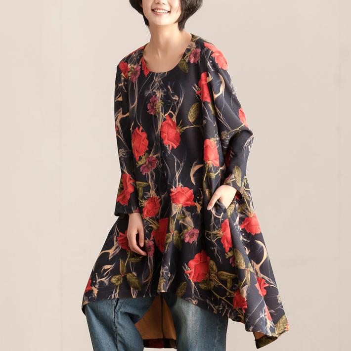 Loose Women Autumn Round Neck Long Sleeve Printing Dress