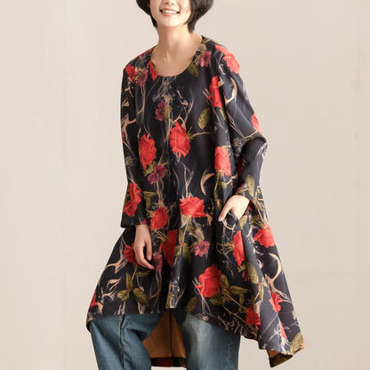 Loose Women Autumn Round Neck Long Sleeve Printing Dress