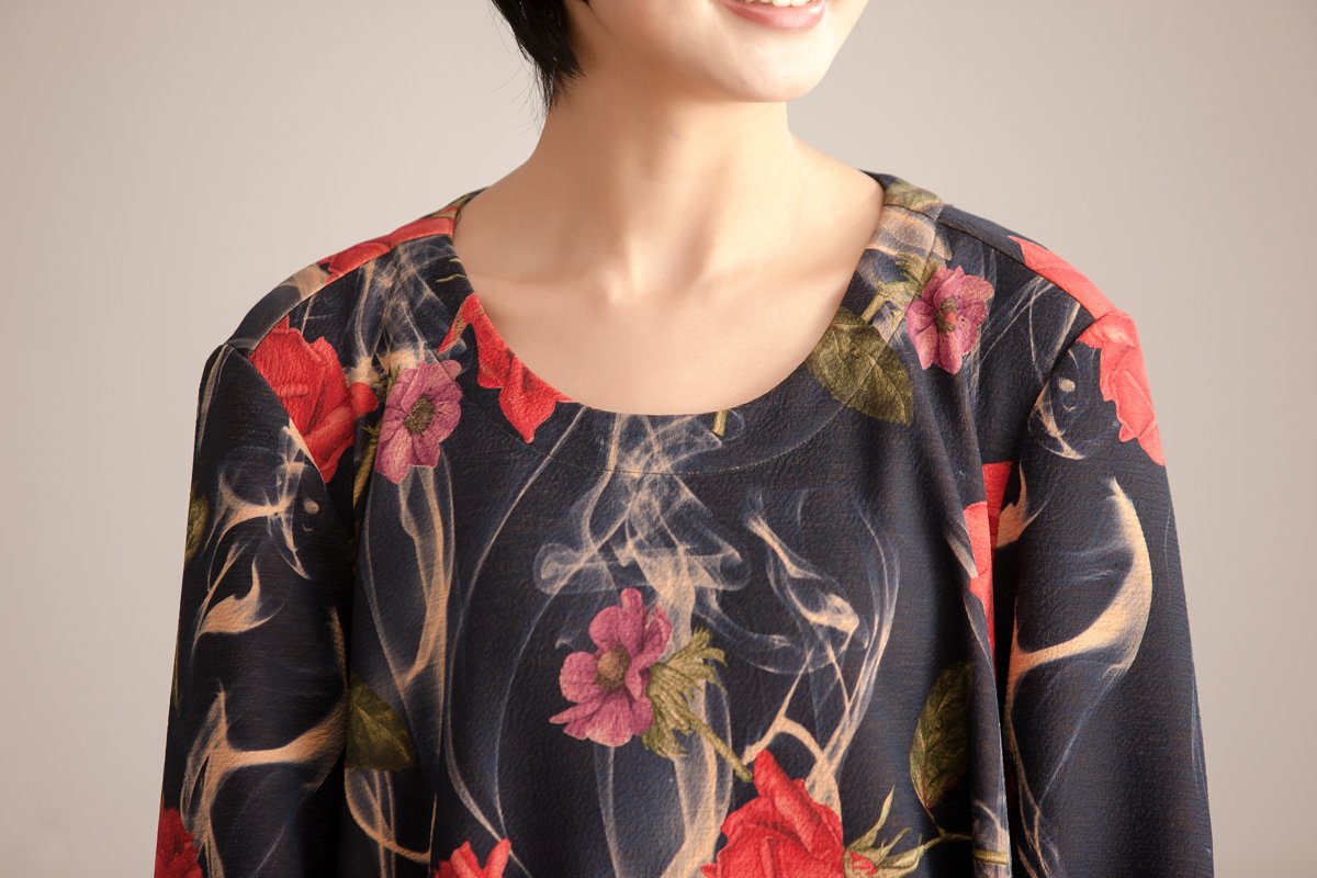 Loose Women Autumn Round Neck Long Sleeve Printing Dress
