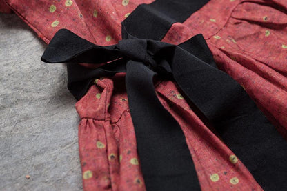 Printed Lacing Short Sleeve Dresses Red Pleated Dress