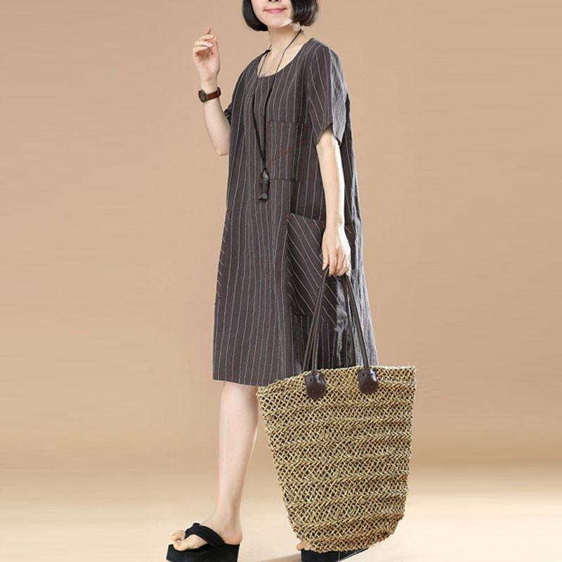 Stripe Women Loose Casual Short Sleeve Dark Coffee Dress