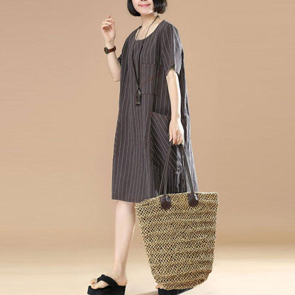 Stripe Women Loose Casual Short Sleeve Dark Coffee Dress