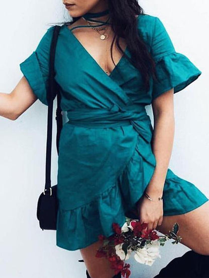Solid Color V-neck Falbala Mini Dress