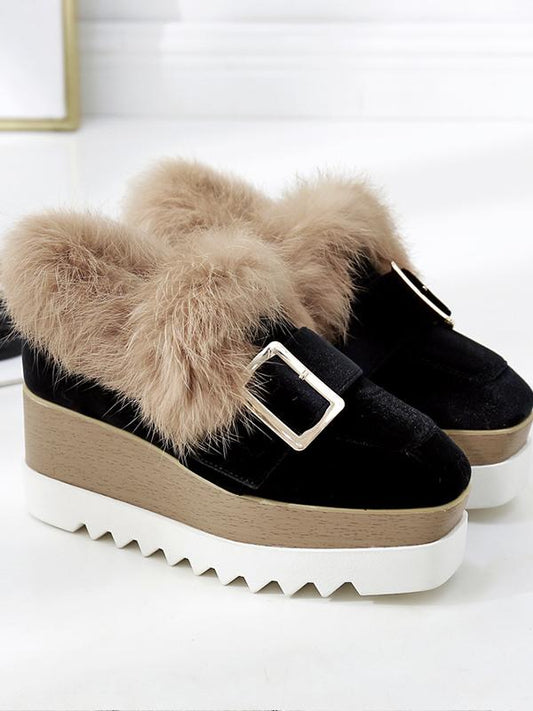 Plus Velvet Artificial Fur Buckle High Heels