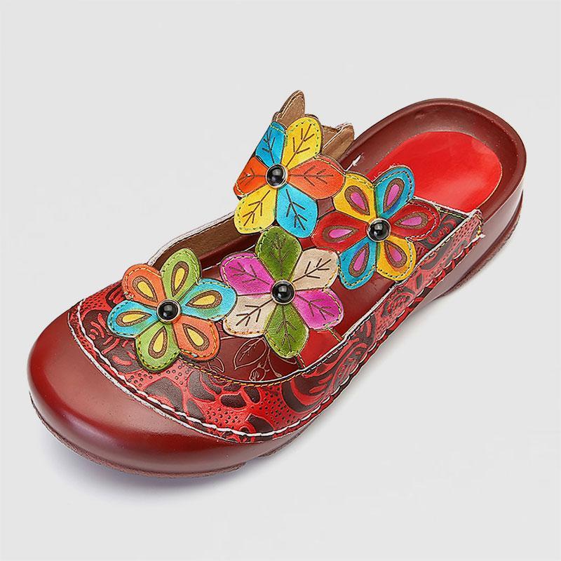 Retro Flower Pattern Handmade Leather Flat Round Head Comfortable Casual Sandals
