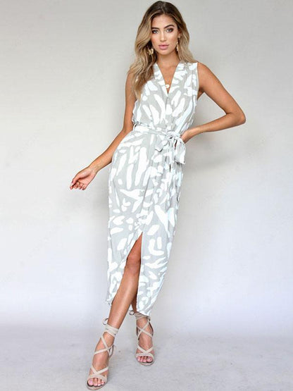 Bandage Waist Split-front Sleeveless Floral Midi Dress
