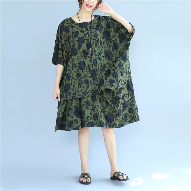 Cotton Printing Loose Summer Short Sleeves Women Green Dress
