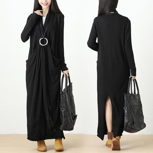 Autumn Knitted Black Long Dress For Women