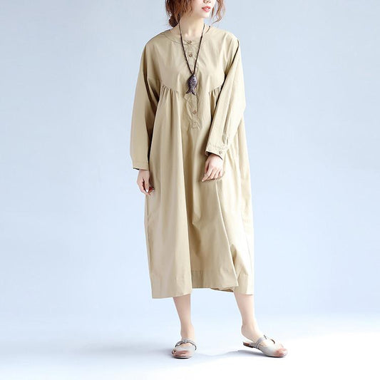 Cotton Women Long Sleeves Khaki Dress