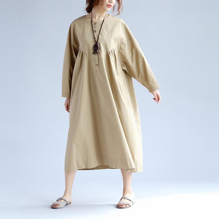 Cotton Women Long Sleeves Khaki Dress
