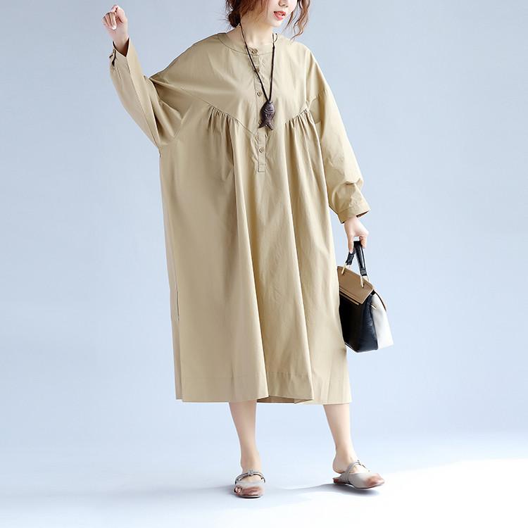 Cotton Women Long Sleeves Khaki Dress