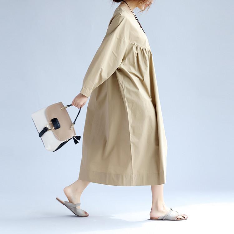 Cotton Women Long Sleeves Khaki Dress