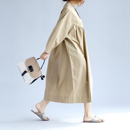 Cotton Women Long Sleeves Khaki Dress