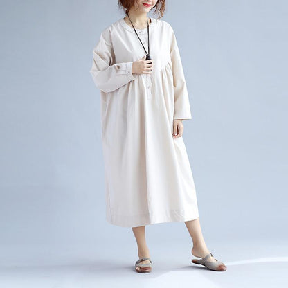 Cotton Women Long Sleeves Beige Dress