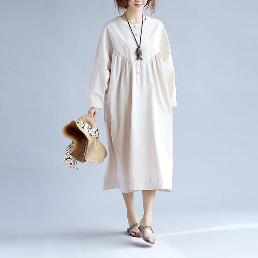 Cotton Women Long Sleeves Beige Dress