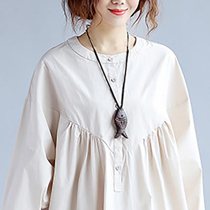Cotton Women Long Sleeves Beige Dress