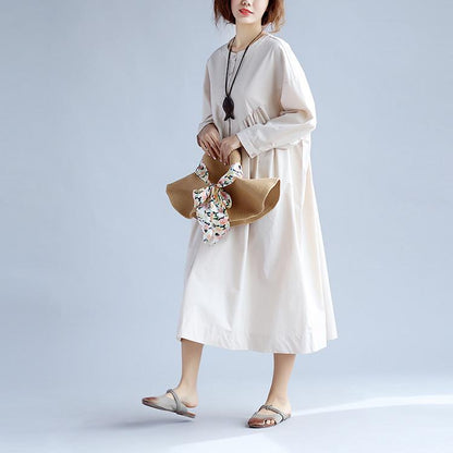 Cotton Women Long Sleeves Beige Dress